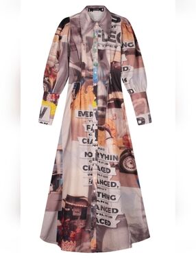 Daily Paper Collage-Print Shirt Dress in Brown Collage. Sz.XXL NWT